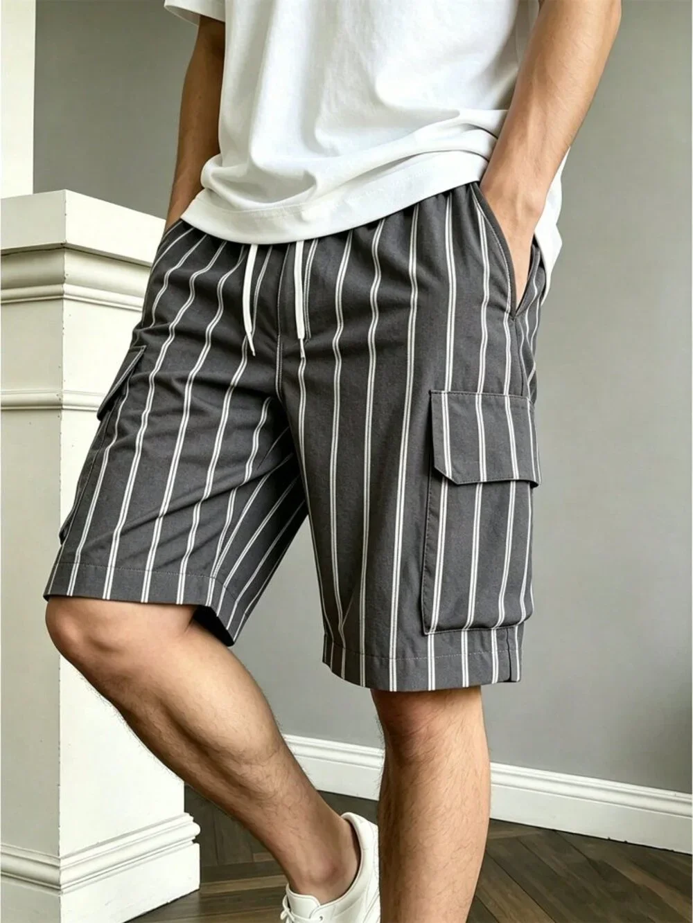 Multicolor Casual Men's Striped Loose Casual Cargo Shorts With Side Pockets